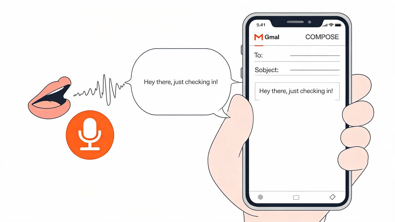 A hand holding a smartphone with Gmail app interface displaying dictated text from a microphone icon.