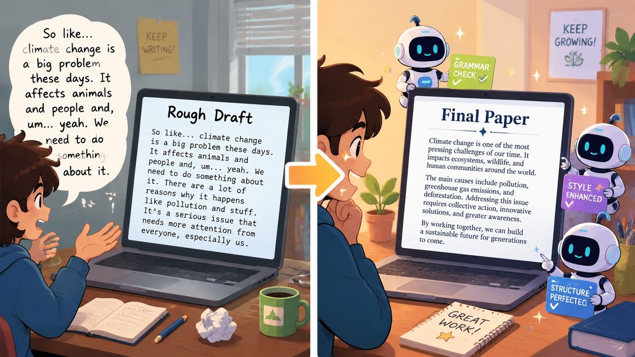 A student using AI software on a laptop to transform a rough draft into a professional essay.