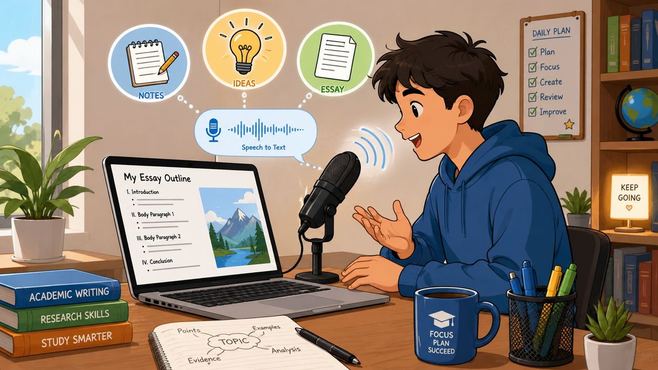 A student using a microphone and speech-to-text software on a laptop to outline an essay for school.