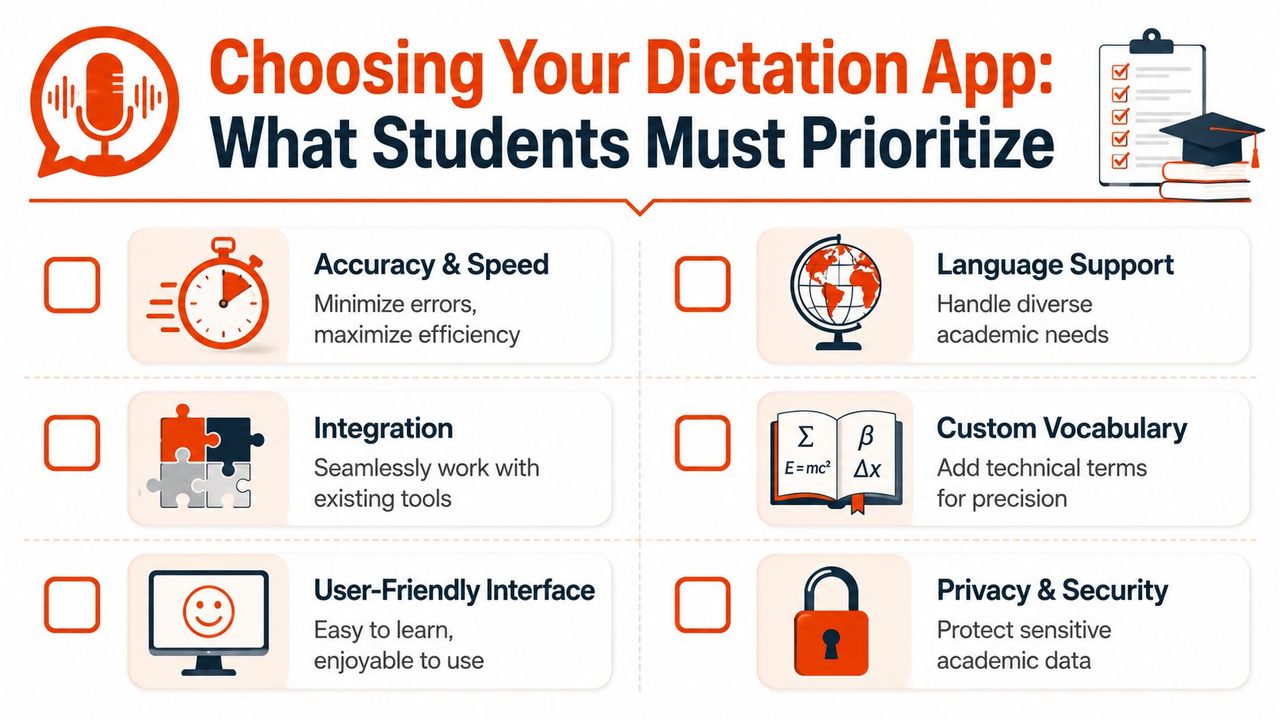 An infographic titled Choosing Your Dictation App, outlining six essential features students should prioritize for dictation software.