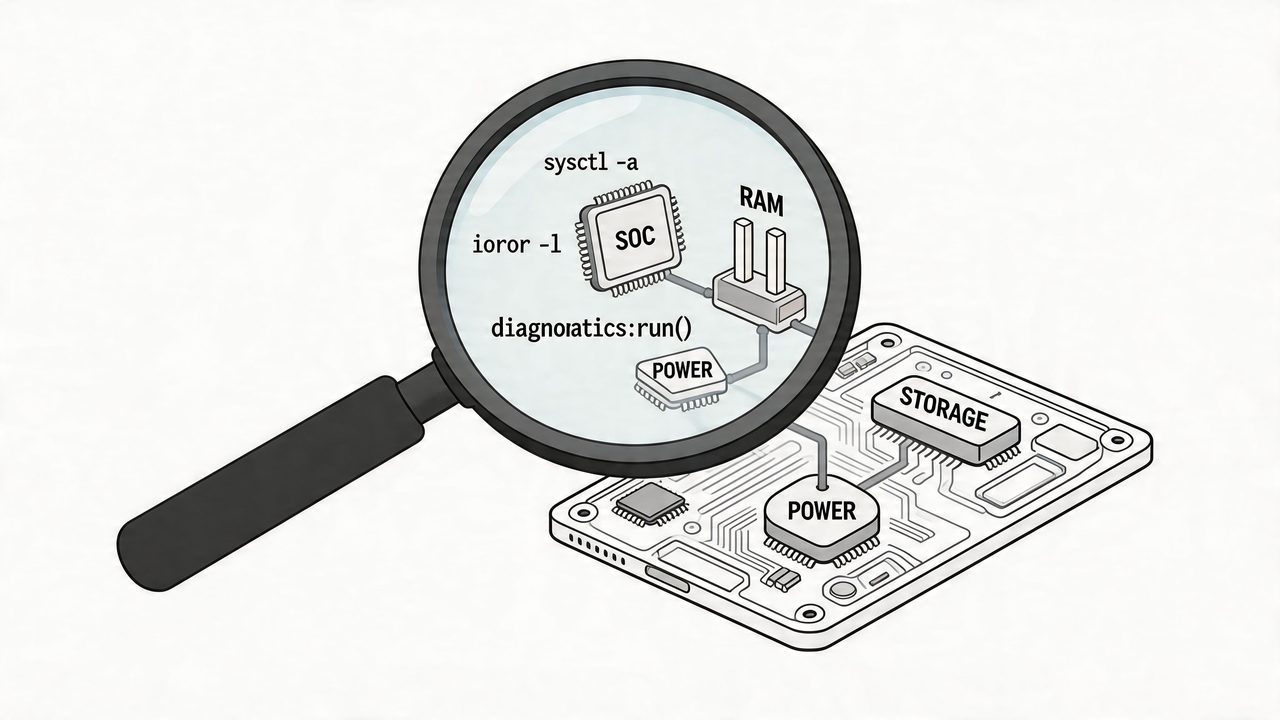 A magnifying glass inspecting computer hardware components, showing code snippets over a circuit board background.