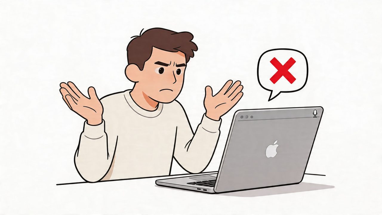 A frustrated man looking at his laptop screen with a red X symbol indicating a technical error.