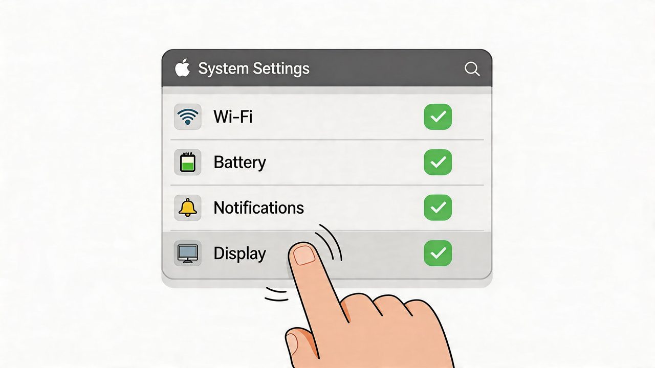 A hand selecting the Display option in a digital System Settings menu with green checkmarks.