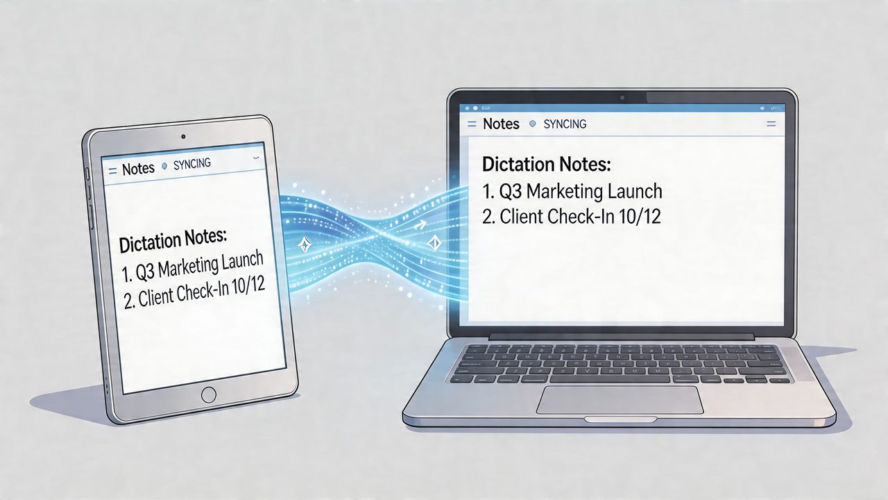 A digital tablet and a laptop syncing notes wirelessly to demonstrate seamless cross-device dictation and productivity.