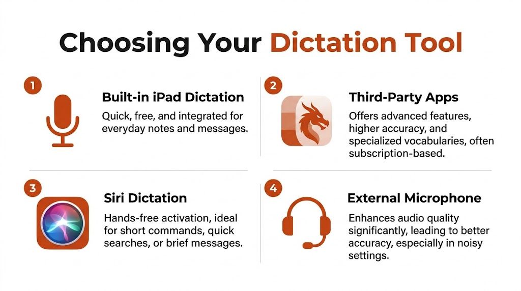 An infographic showing four options for choosing a dictation tool on an iPad with descriptions.