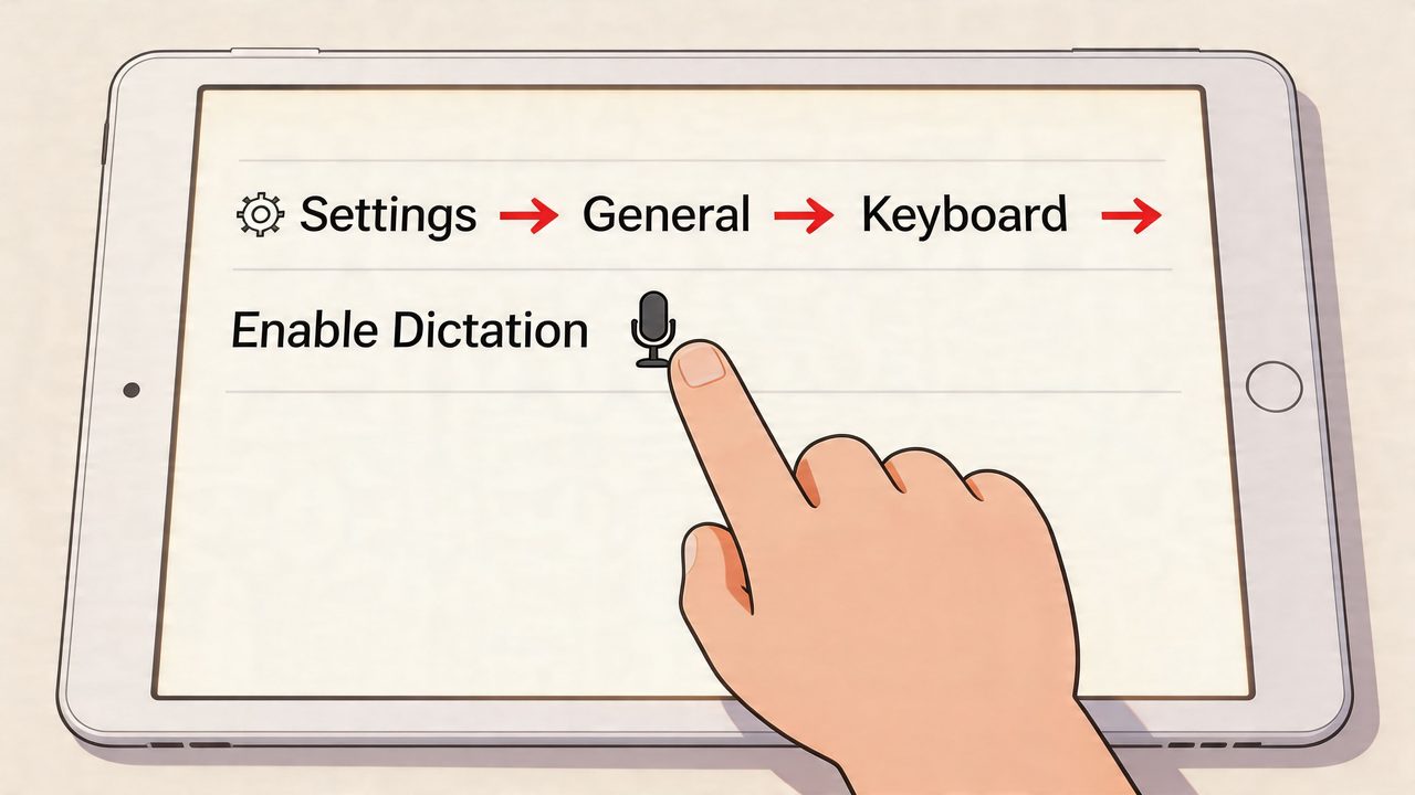 An illustration showing a hand selecting the Enable Dictation option on an iPad screen settings menu.