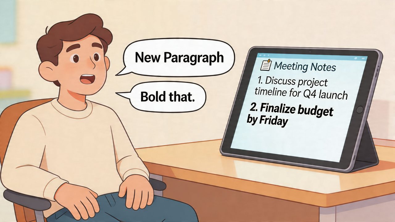 A young man dictating text notes for a business meeting using an iPad tablet device.