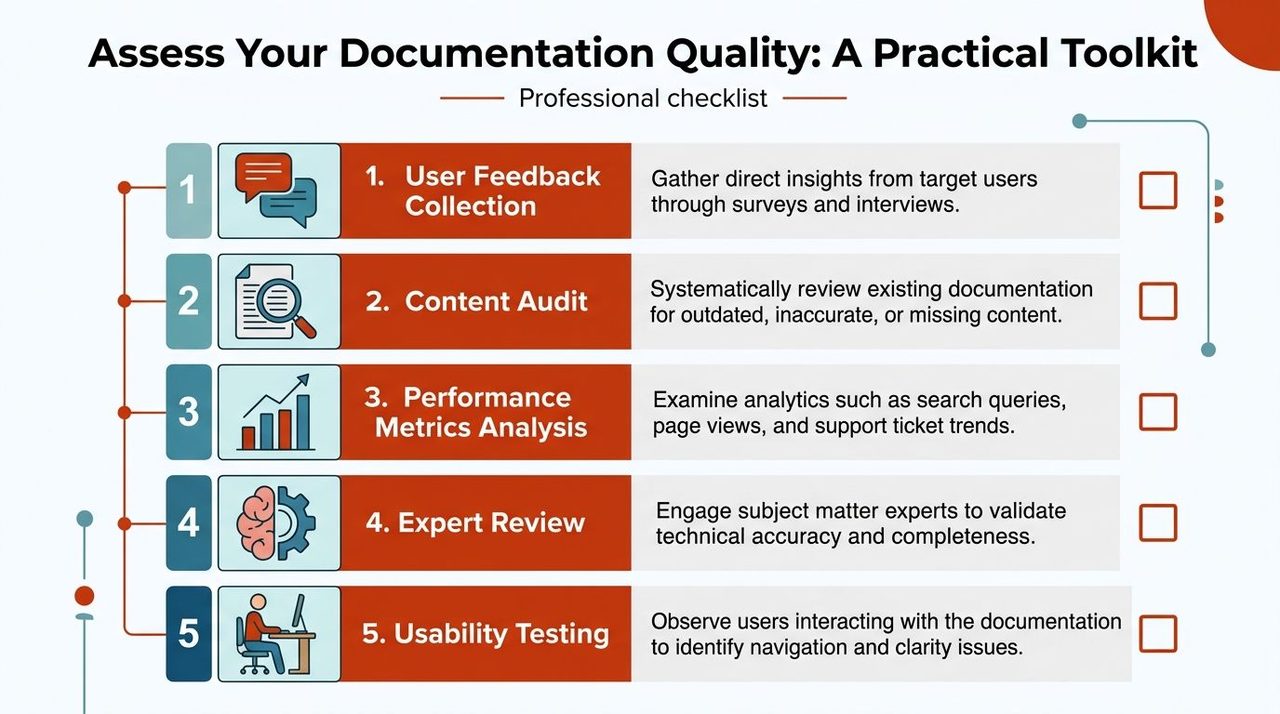 A professional five-step checklist for assessing documentation quality, including user feedback, audits, and performance analysis.