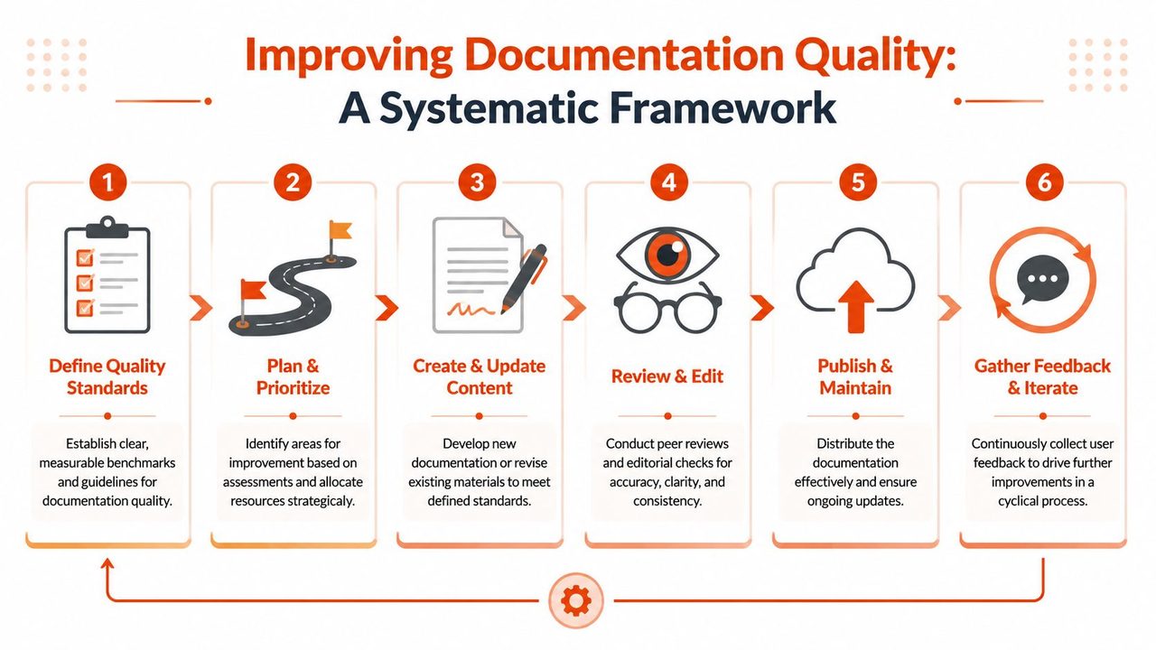 A six-step systematic framework infographic illustrating the process for improving documentation quality within an organization.