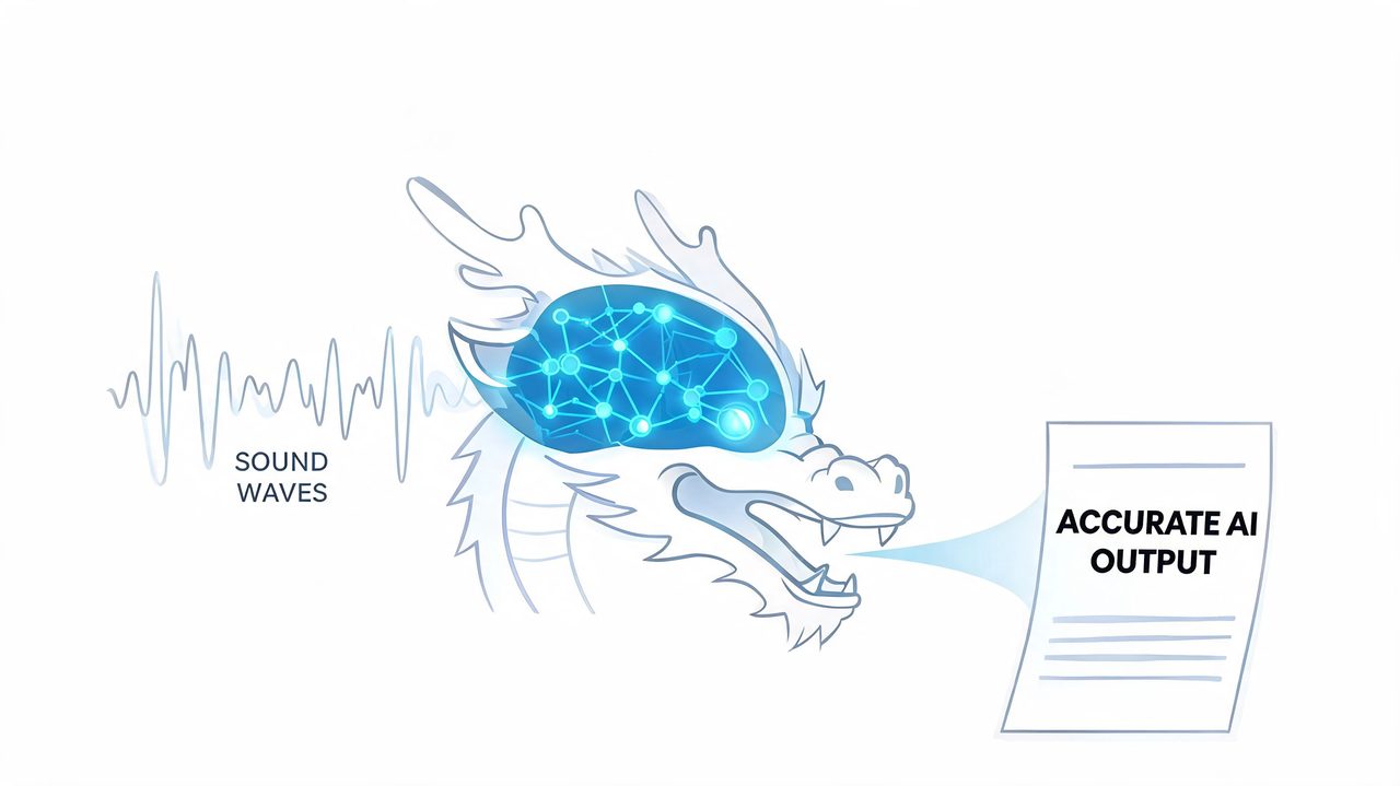 A digital illustration showing a dragon with a neural network brain processing sound waves into accurate output.