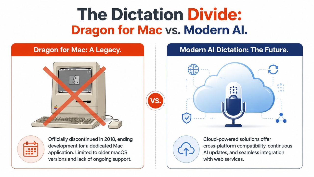 A comparison graphic showing legacy Dragon for Mac software versus modern cloud-based AI dictation technology solutions.