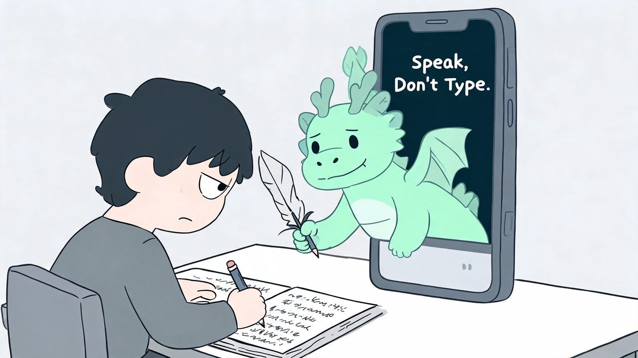 A young boy looking annoyed while a cartoon dragon emerges from a smartphone holding a feather pen.