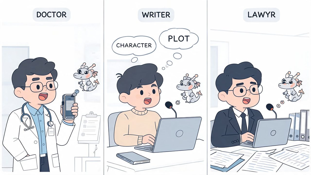 A three-panel illustration showing a doctor, writer, and lawyer using a dragon-themed voice dictation software application.