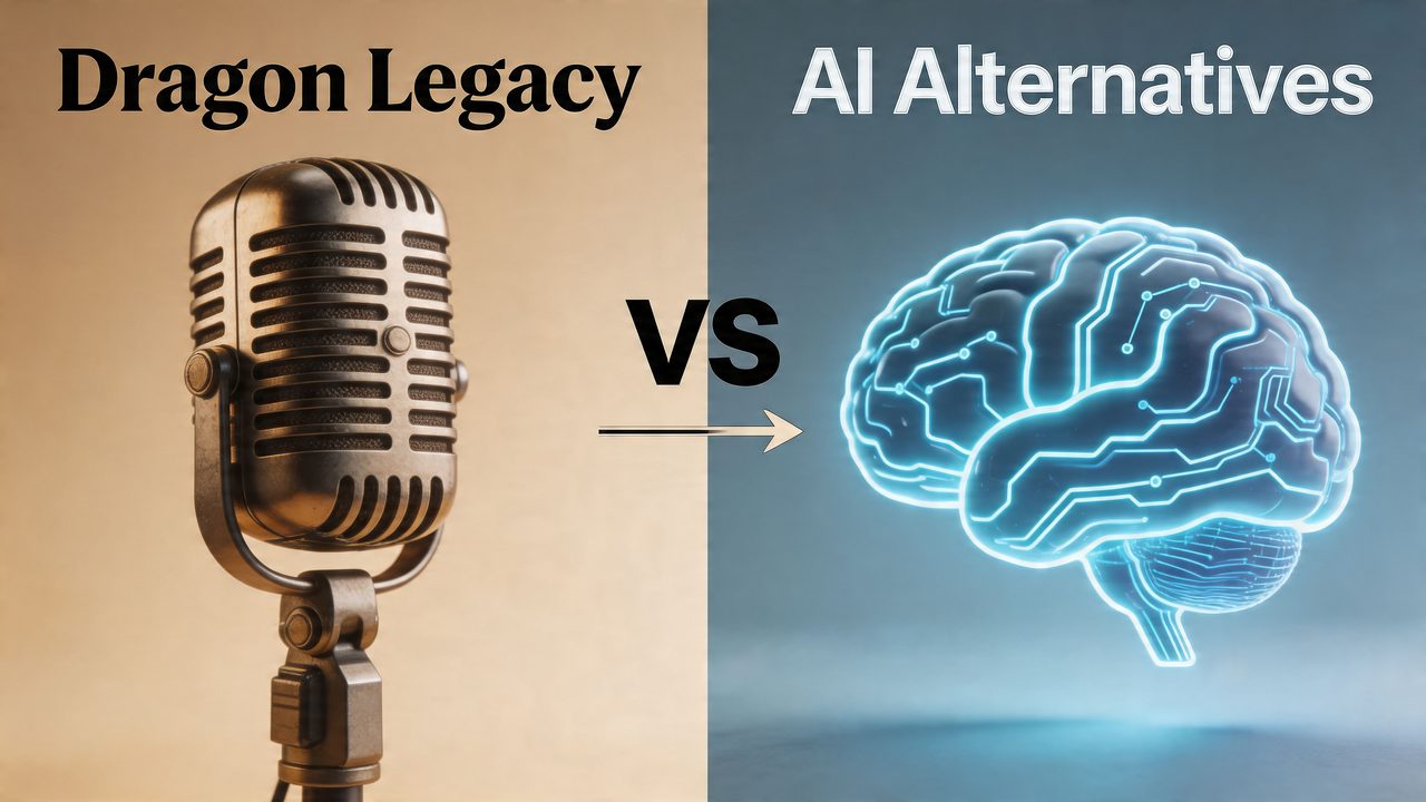 A conceptual comparison showing a vintage microphone representing Dragon Legacy versus a glowing digital brain representing AI alternatives.