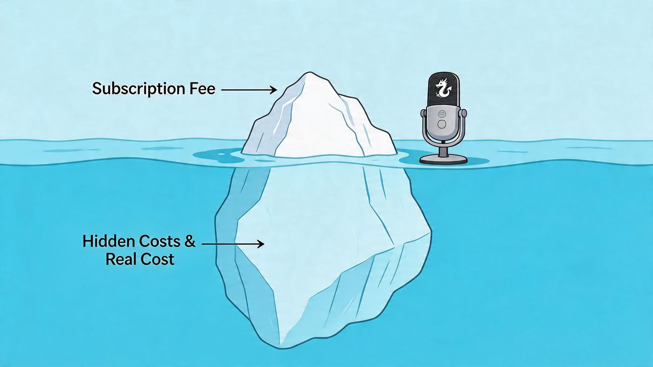 An iceberg metaphor representing subscription fees versus hidden and real costs of dragon dictation software.