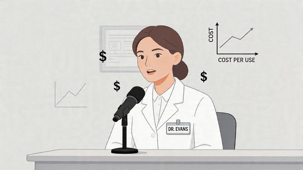 A doctor labeled Dr. Evans speaking into a microphone with charts about rising medical costs behind her.