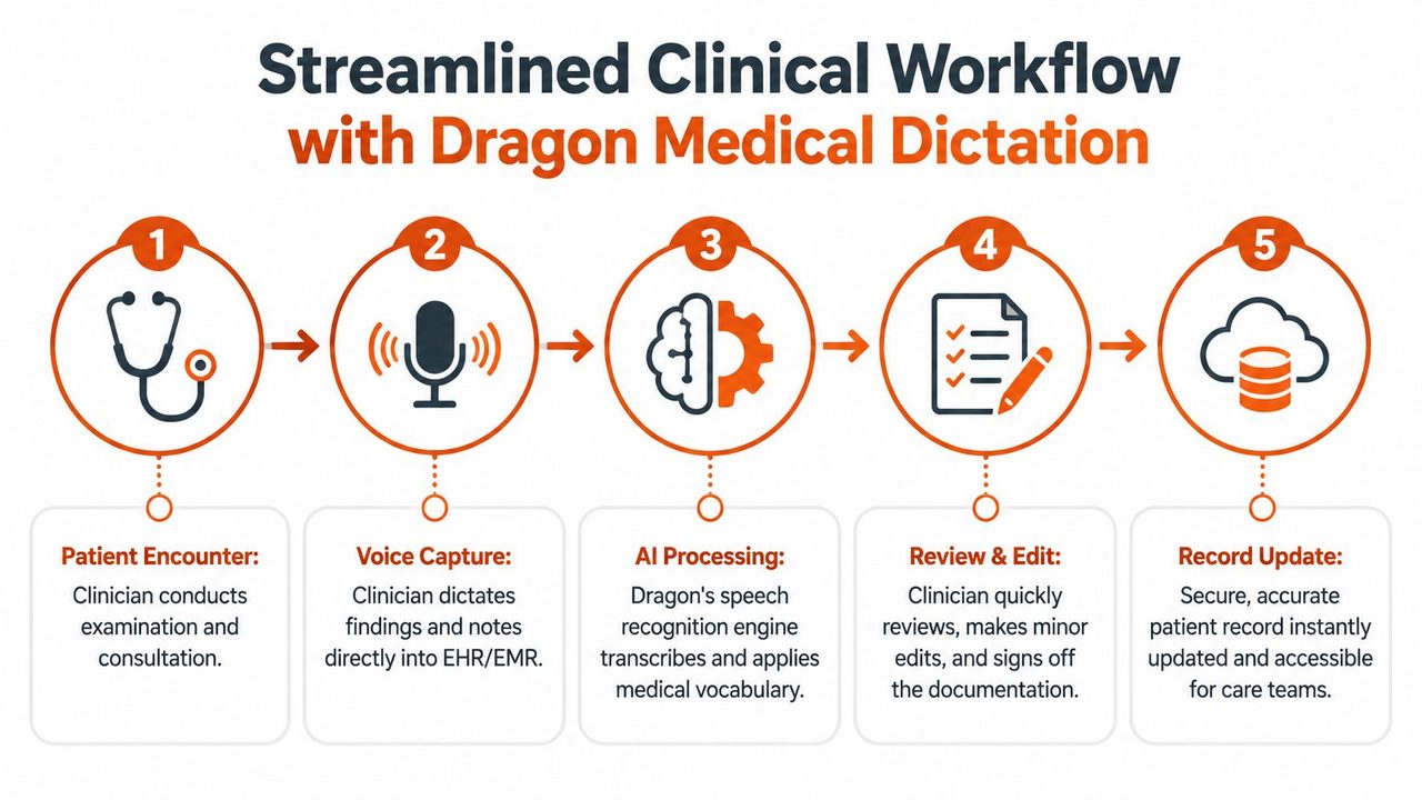 A five-step workflow diagram showing how Dragon Medical Dictation streamlines patient documentation from examination to record update.