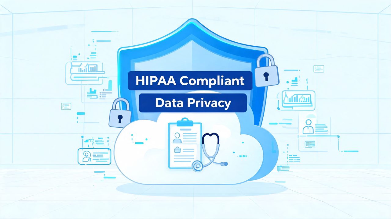 A digital illustration showing a shield, cloud icon, and stethoscope representing HIPAA compliant medical data privacy.