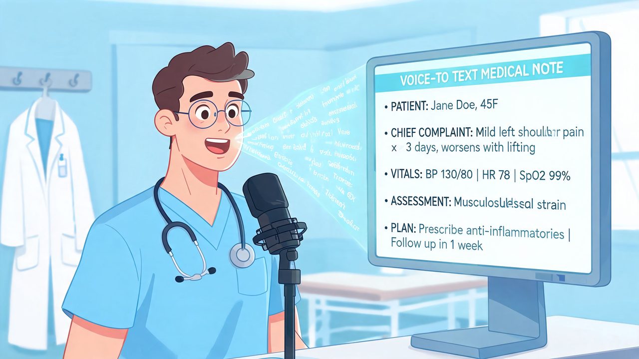 A doctor uses a microphone to dictate medical notes onto a computer screen in a clinic.