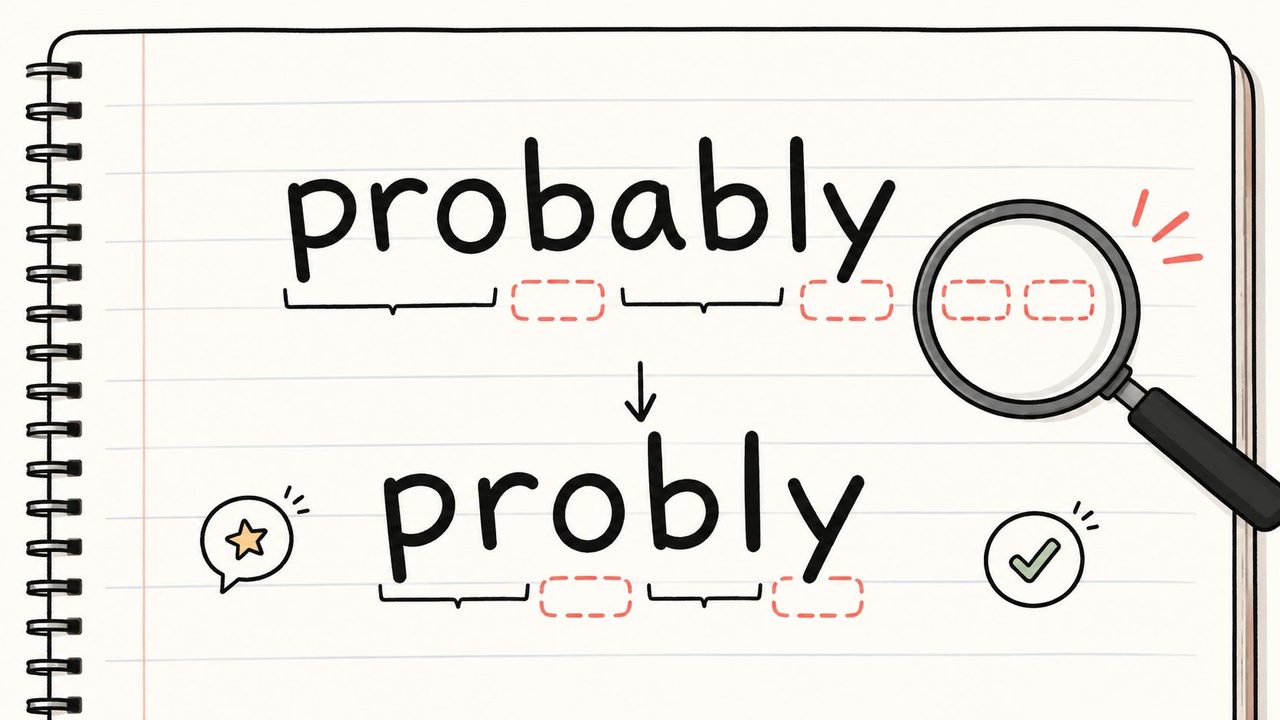 A notepad page demonstrating a dyslexia writing example showing the word probably being simplified to probly.