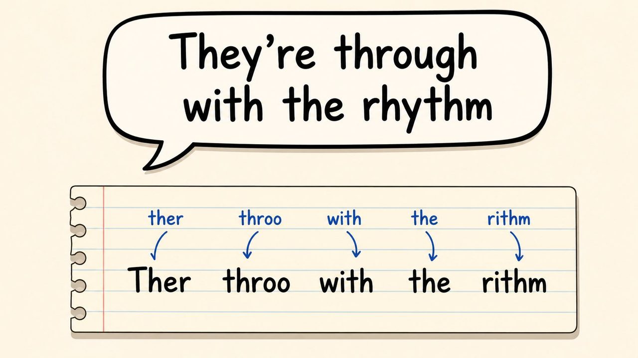 A speech bubble and a notebook page illustrating the phonetic breakdown of the sentence They're through with the rhythm.