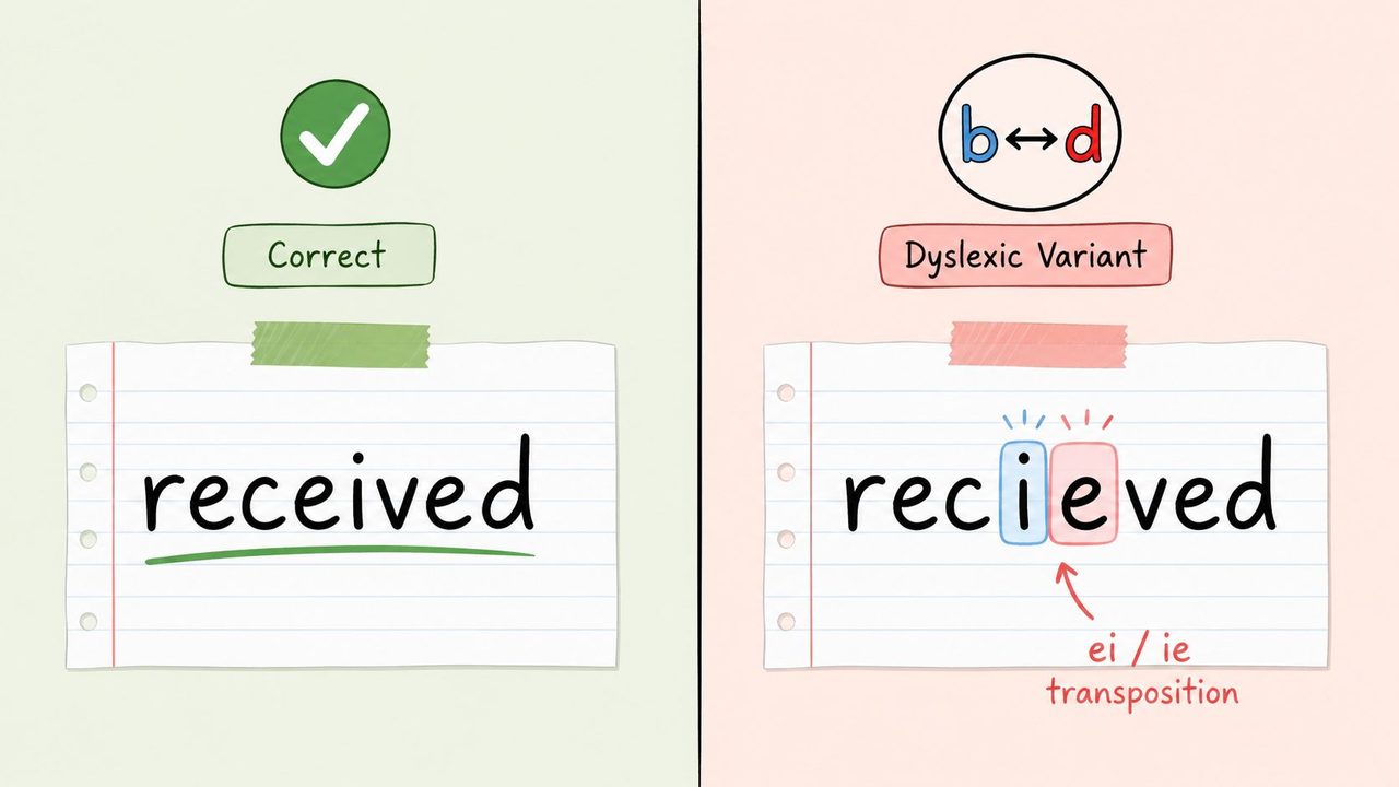 A comparison showing the correct spelling of received versus a common dyslexic misspelling with letter transposition.