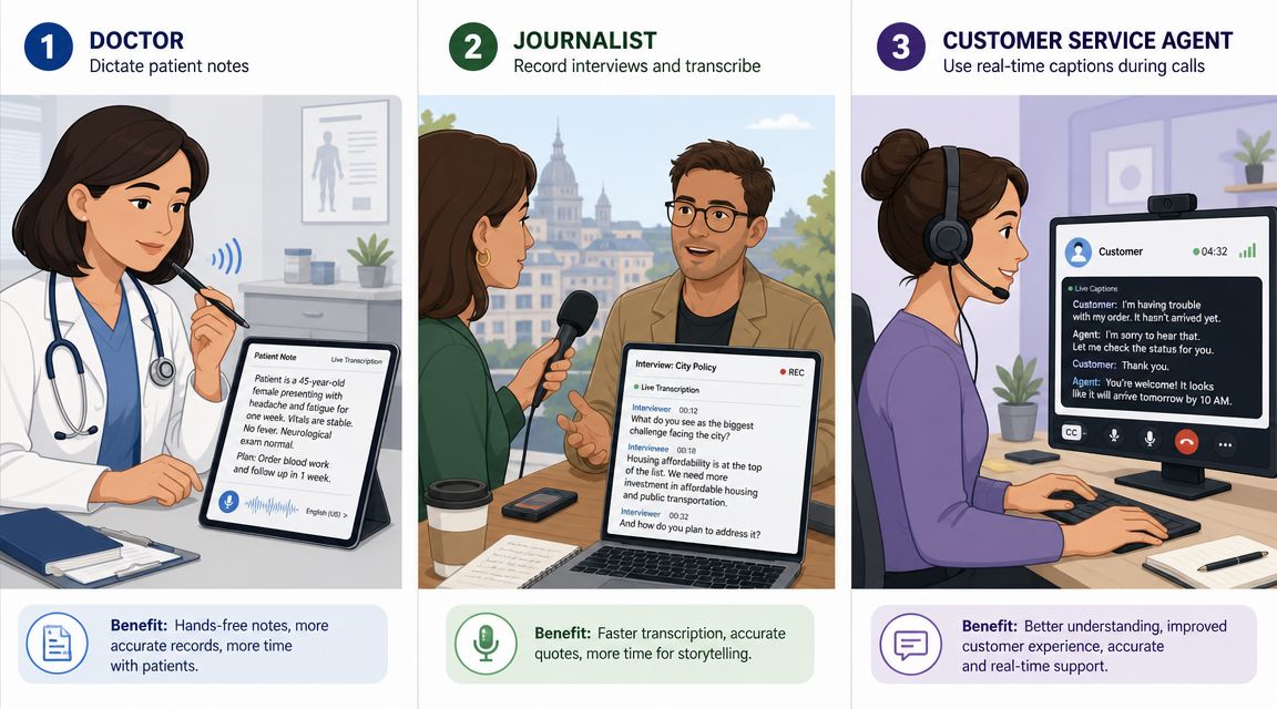 An infographic showing three professional scenarios using speech-to-text technology for doctors, journalists, and customer service agents.