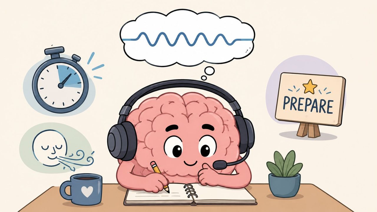 A cartoon brain wearing headphones writing in a notebook to represent mindful preparation and filler word removal.
