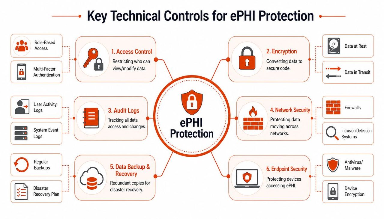 A diagram outlining six key technical controls for protecting electronic protected health information, including encryption, access, and backups.