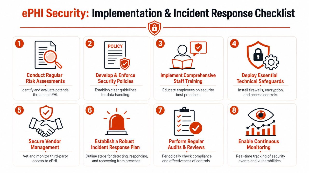An eight-step checklist infographic detailing essential strategies for implementing ePHI security and incident response plans.