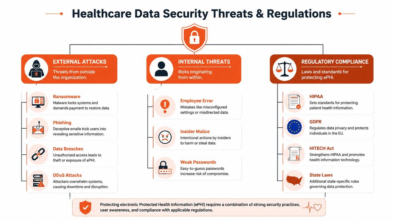 An infographic detailing various healthcare data security threats including external attacks, internal threats, and regulatory compliance standards.