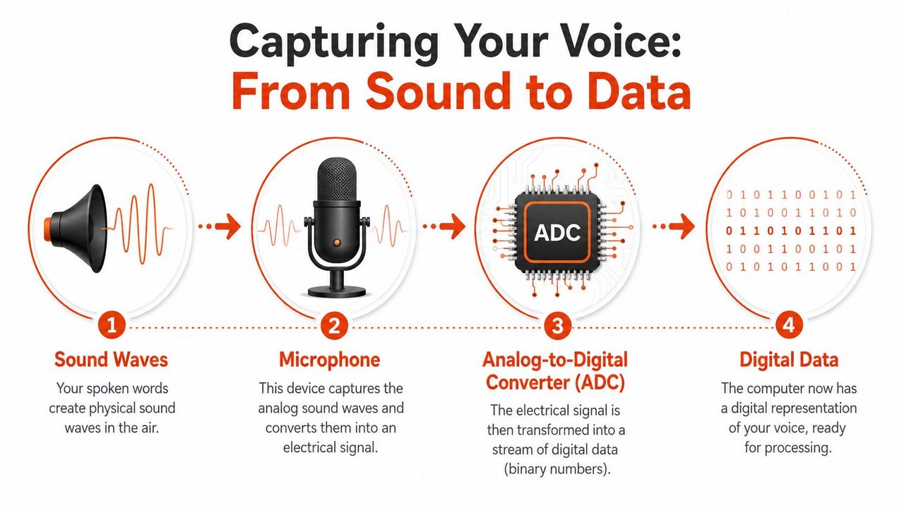 A diagram illustrating the four steps of how human voice is converted into digital computer data.