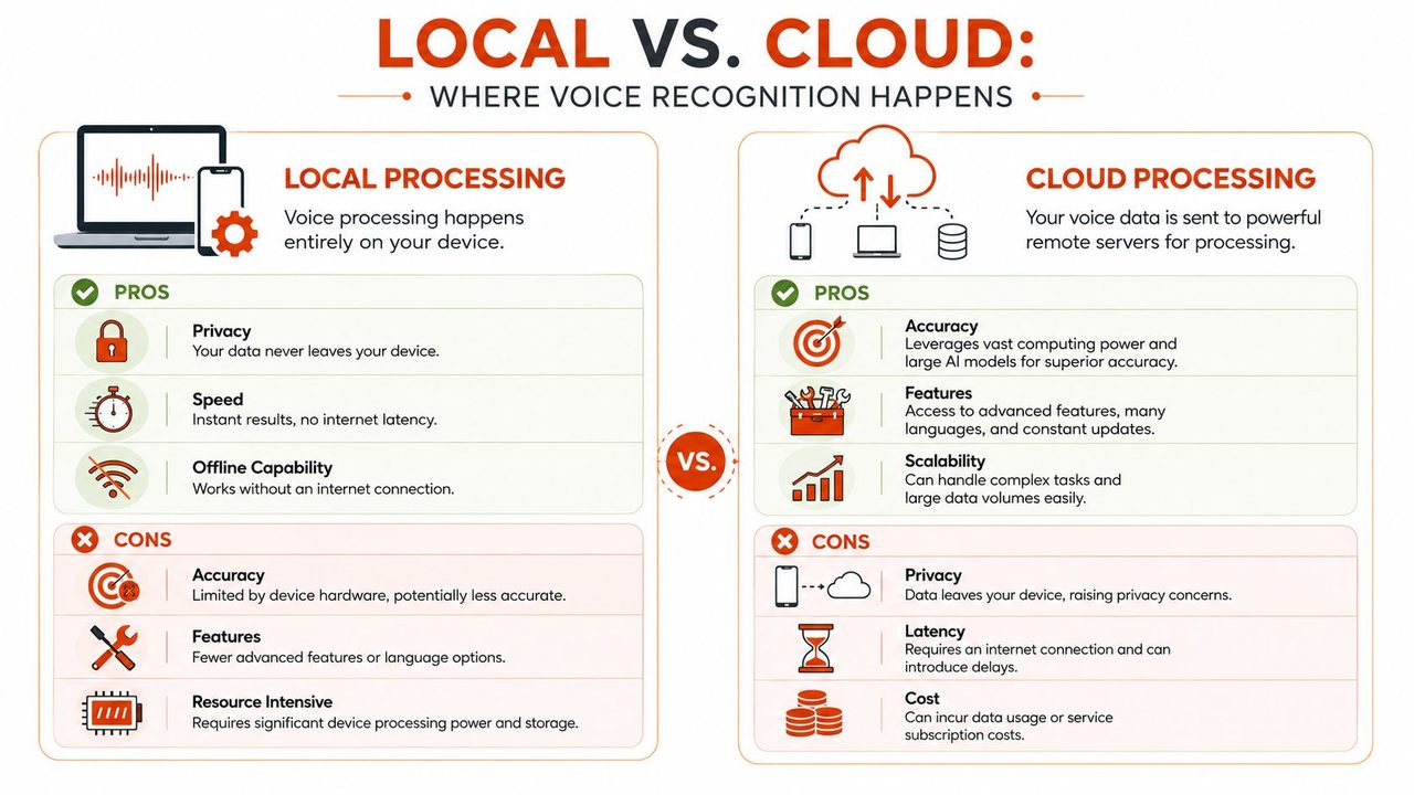 A comparison chart showing the pros and cons of local versus cloud-based voice recognition software processing.