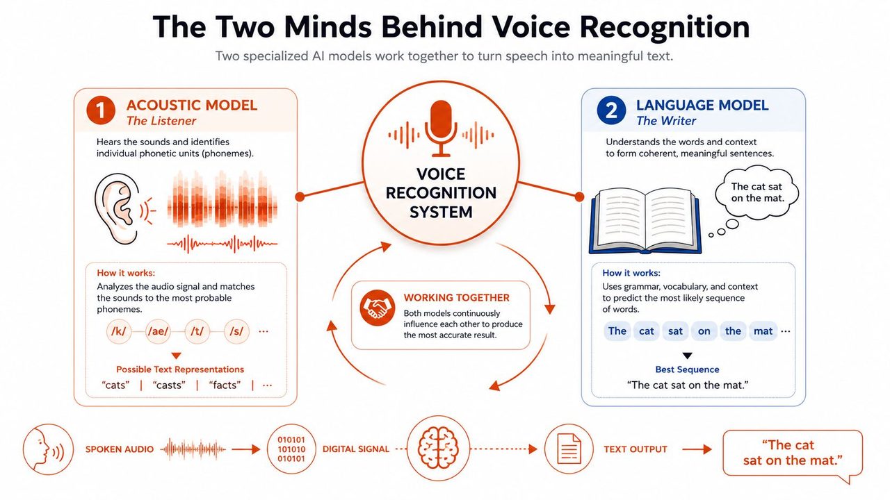 A diagram explaining how acoustic and language models collaborate in voice recognition systems to process speech.