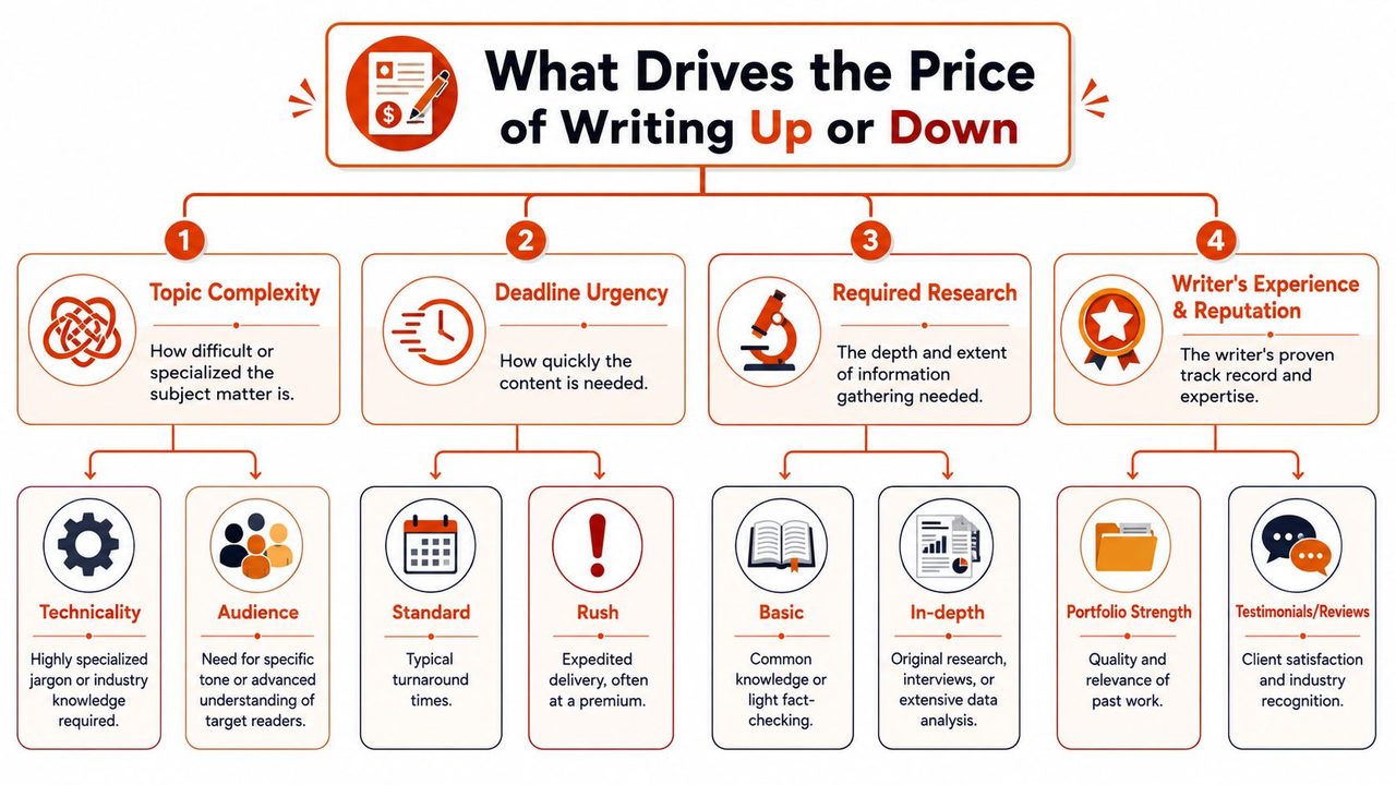A flowchart infographic titled What Drives the Price of Writing detailing four key factors affecting content cost.