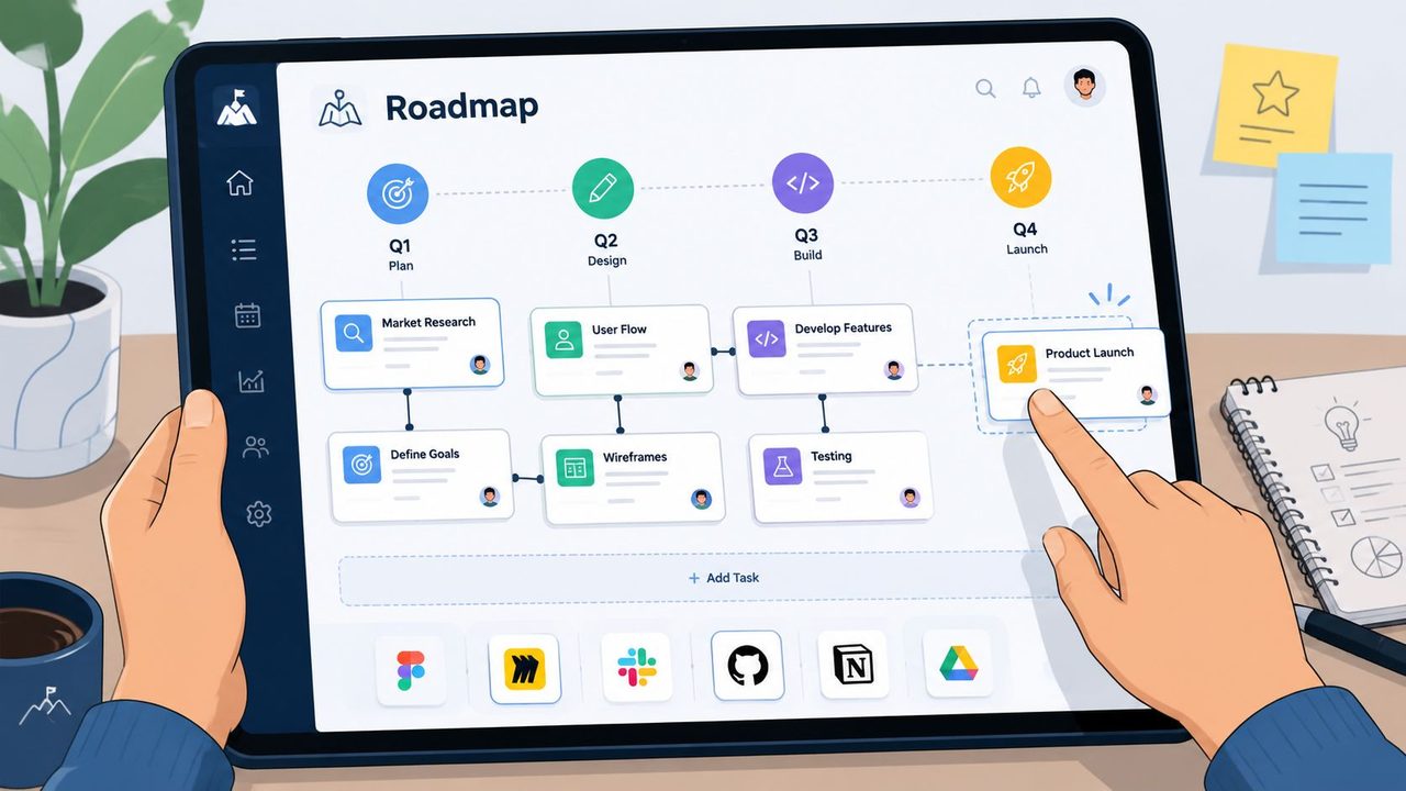 A digital roadmap interface displayed on a tablet, showing project planning stages, tasks, and team collaboration tools.