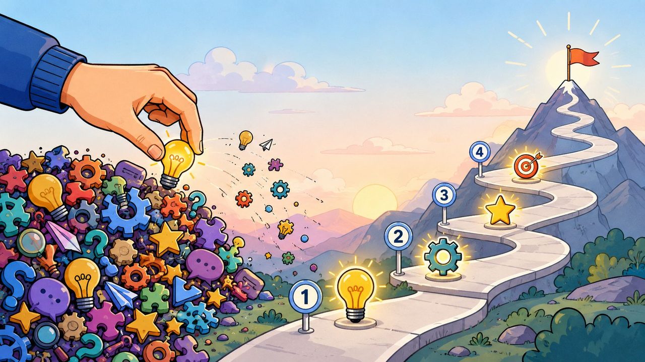 A creative illustration showing a hand placing an idea into a path leading to a goal.