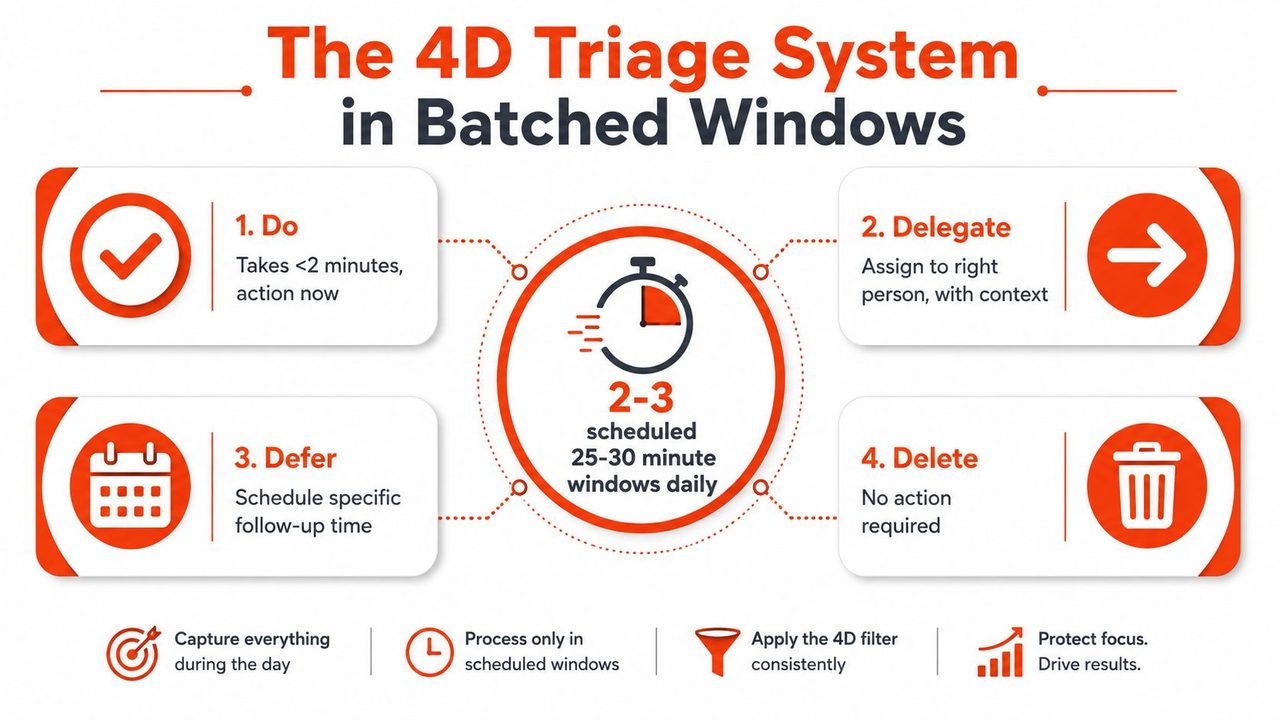 An infographic titled The 4D Triage System, explaining the steps to do, delegate, defer, or delete tasks.