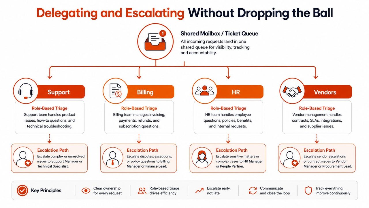 A flowchart diagram illustrating effective delegation and escalation processes for team ticket queues and customer support management.