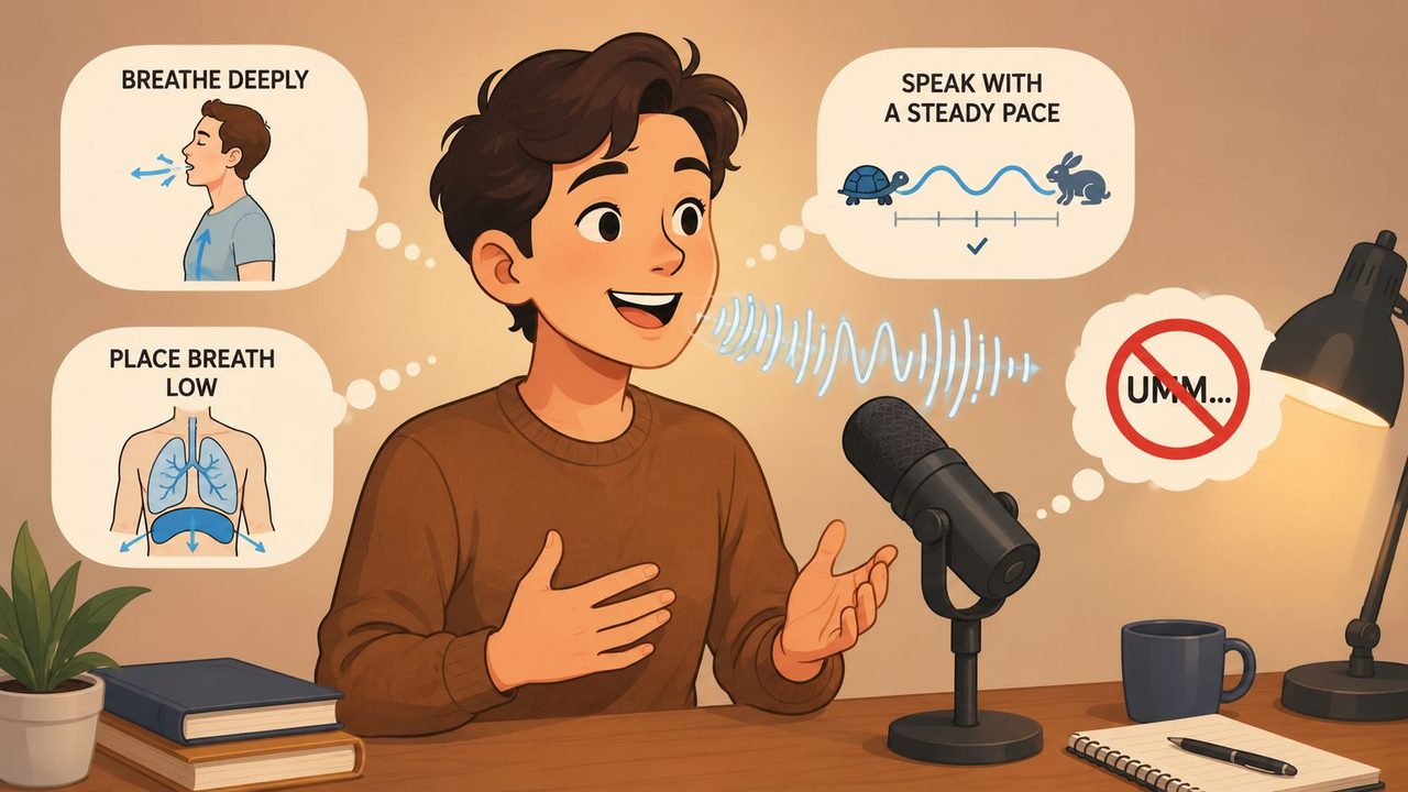 A young man recording a podcast while following visual tips for better speaking and breath control.