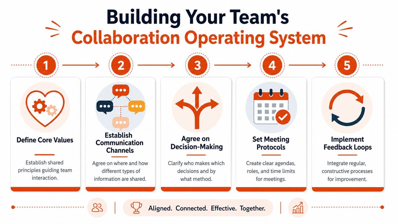 A five-step infographic showing how to build a team's collaboration operating system for better productivity.