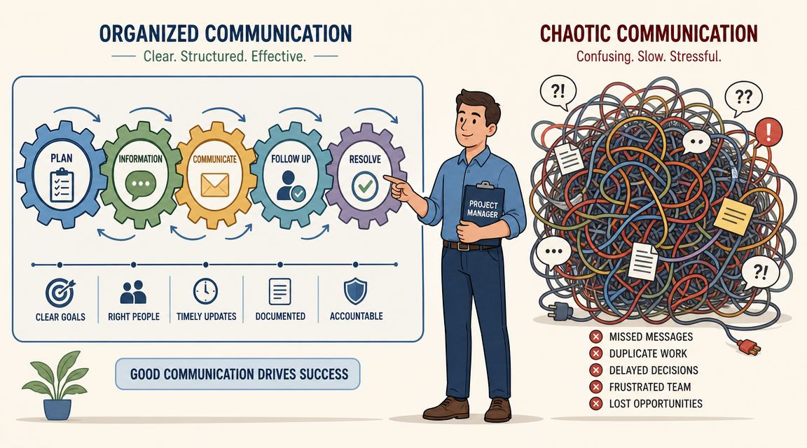 A comparison between organized and chaotic communication, showing structured workflow gears versus a tangled mess of cables.