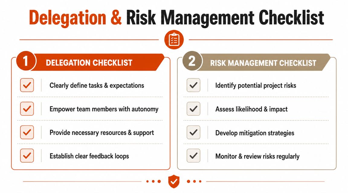 A visual guide presenting a checklist for effective task delegation and proactive risk management in projects.