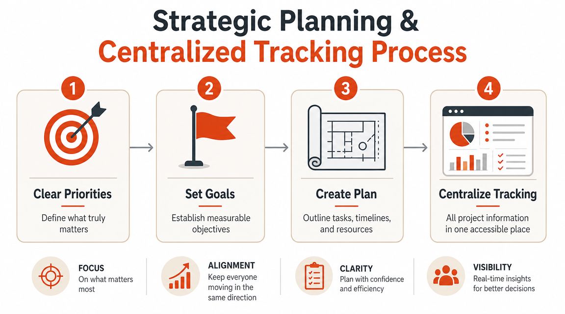 A diagram outlining a four-step strategic planning and centralized project tracking process for business success.