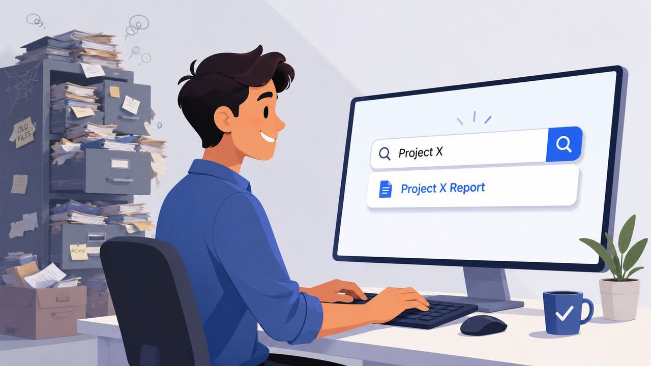 A man smiling while searching for a project report on his computer, contrasting with messy physical files.