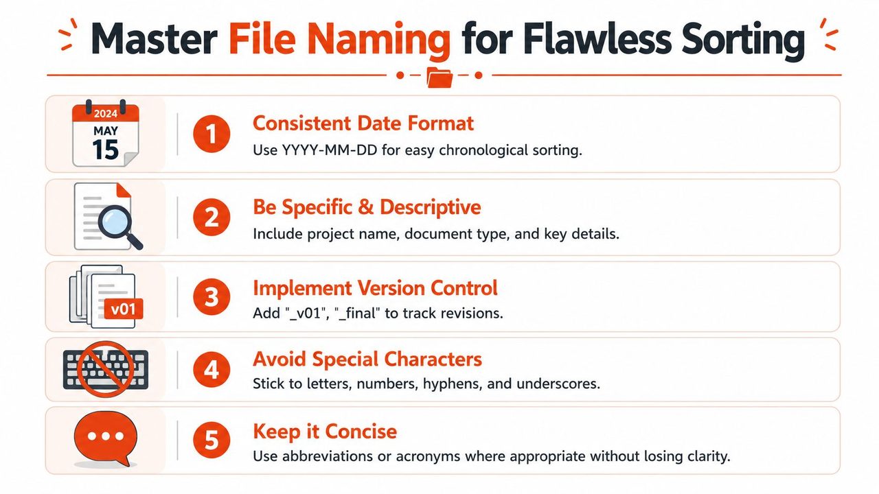 An infographic titled Master File Naming showing five essential tips for organizing digital files and documents effectively.