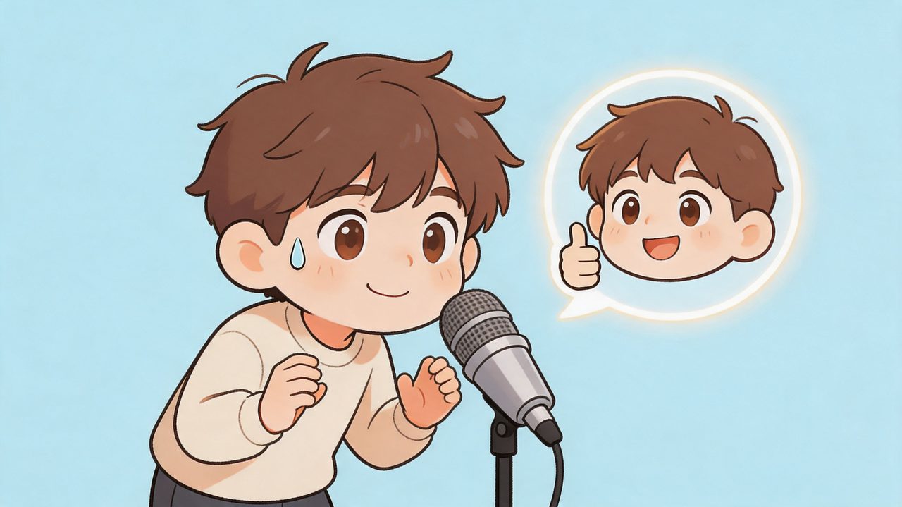 A nervous cartoon boy speaking into a microphone with a positive thought bubble showing himself giving a thumbs up.