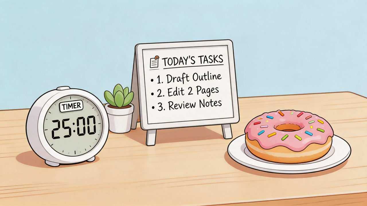A desk with a timer set to 25 minutes, a task list, and a donut.