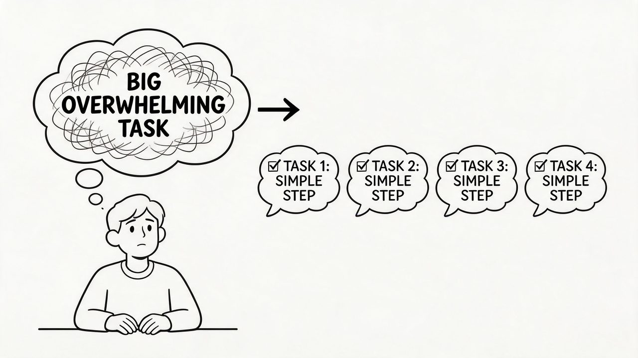 A person thinking about a big overwhelming task being broken down into simple, manageable checklist steps.