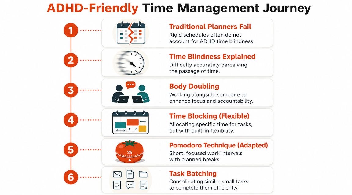 A six-step infographic detailing ADHD-friendly time management strategies like body doubling, time blocking, and task batching.